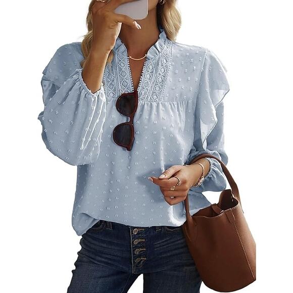 Blue Swiss Dot Ruffle Soft Girl Coquette Peasant Prairie Cottage‎ Sheer Blouse L - Picture 5 of 6